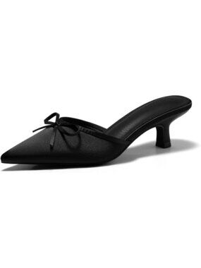 Women's Black Kitten Heels Closed Pointed Toe Mules with Bow Satin Slip on Pumps